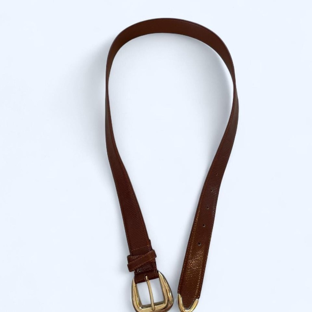 Brown snake embossed split leather belt with brass buckle size L - Picture 2 of 3